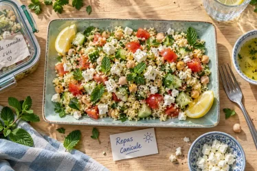 Idée repas canicule : salade semoule pois chiches feta, sans four