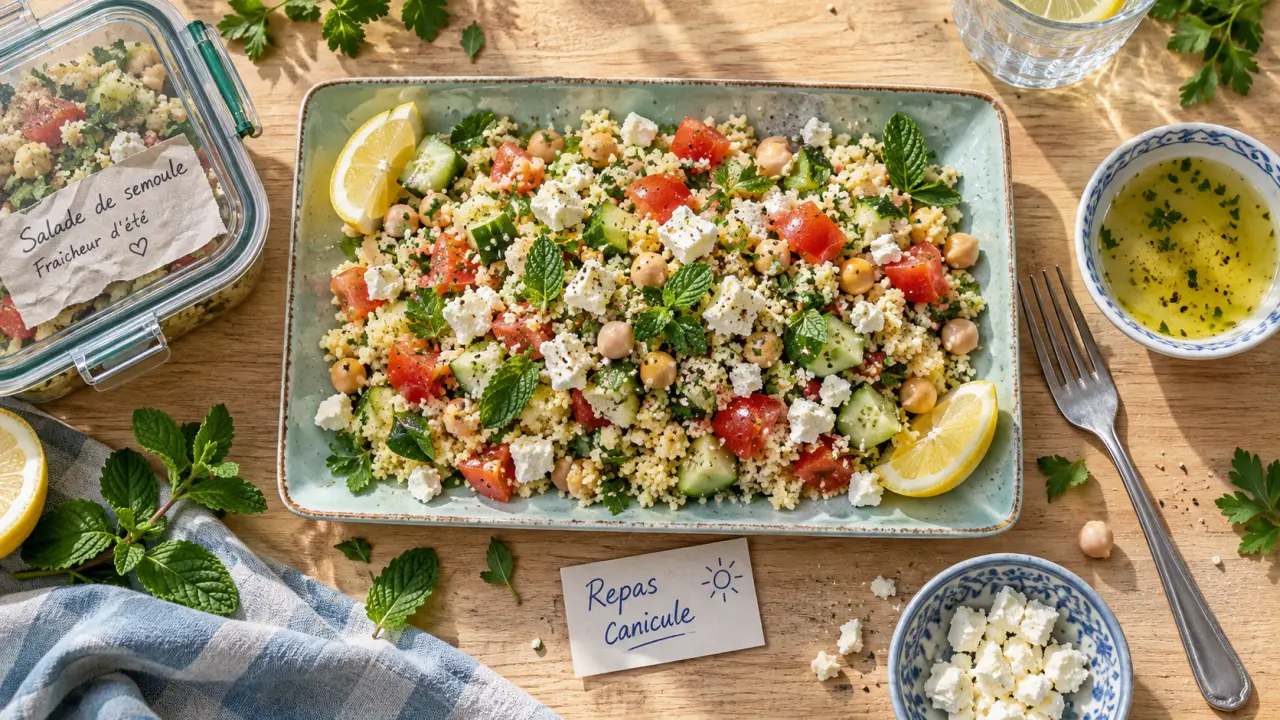 Idée repas canicule : salade semoule pois chiches feta, sans four