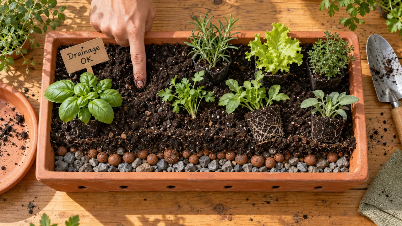 Jardinière aromatique 20 cm pour annuelles : drainage et substrat