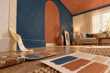 Peinture murale originale : structure des volumes sans surcharger, ruban de masquage et mur bleu minéral