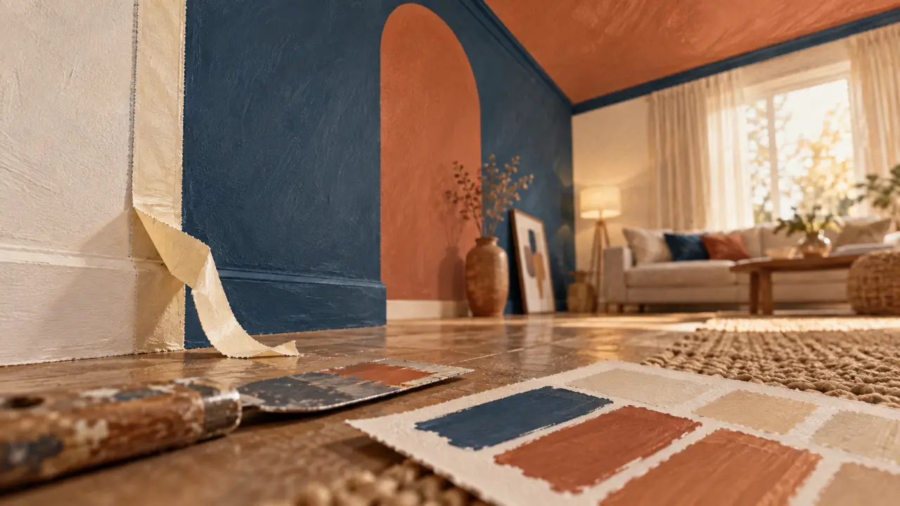 Peinture murale originale : structure des volumes sans surcharger, ruban de masquage et mur bleu minéral