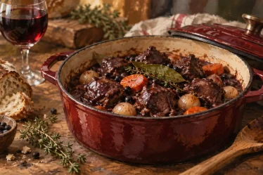 Sanglier mariné au vin rouge en cocotte, sauce bordeaux