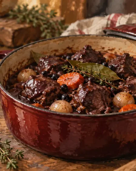 Sanglier mariné au vin rouge en cocotte, sauce bordeaux