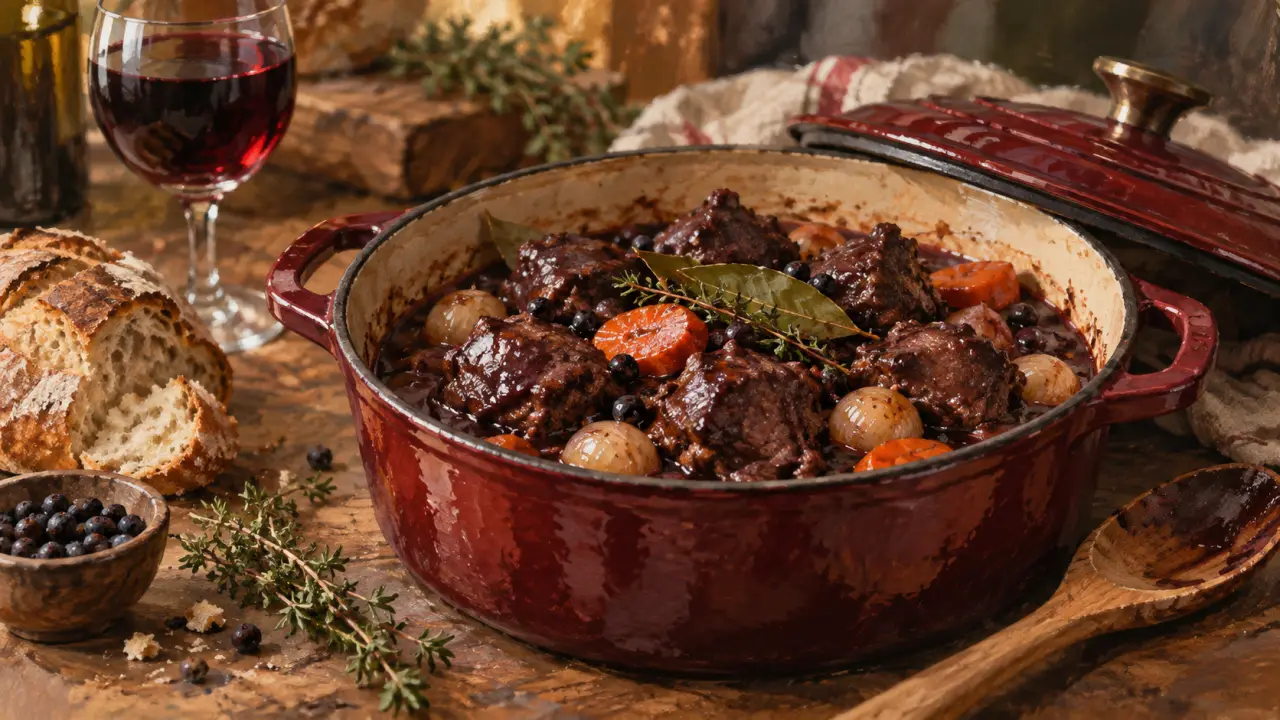 Sanglier mariné au vin rouge en cocotte, sauce bordeaux
