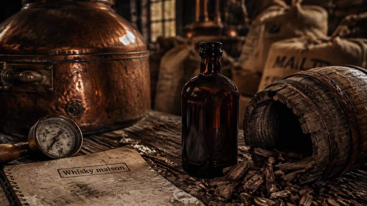 Whisky maison : bouteille, cuve en cuivre et copeaux de chêne