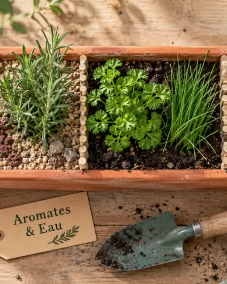 Aromates du jardin sur table : thym, romarin, persil, ciboulette, menthe