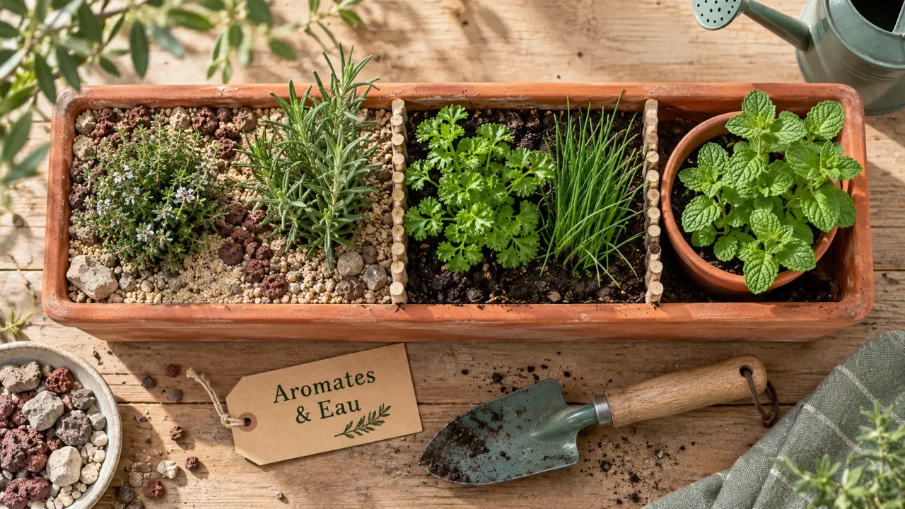 Aromates du jardin sur table : thym, romarin, persil, ciboulette, menthe