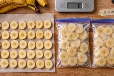 Bananes congelées en rondelles, sachets hermétiques pour smoothies