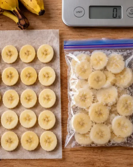 Bananes congelées en rondelles, sachets hermétiques pour smoothies