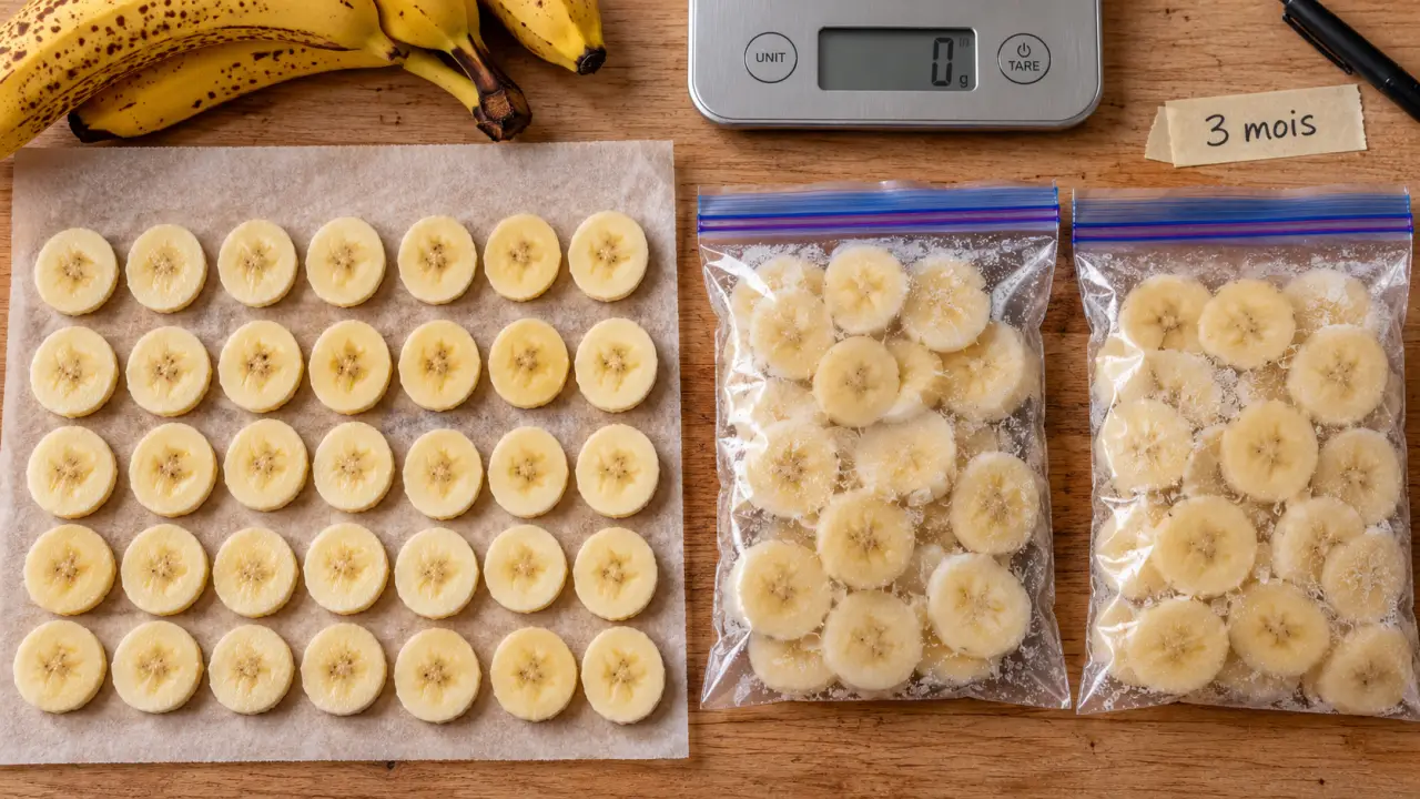 Bananes congelées en rondelles, sachets hermétiques pour smoothies