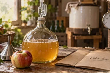 Cidre doux recette : tourie en verre avec barboteur et pommes