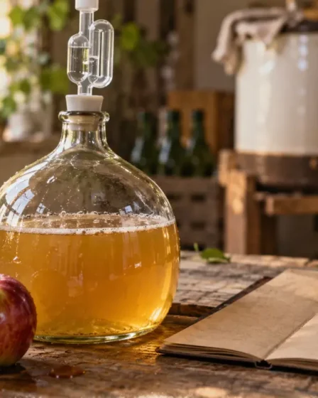 Cidre doux recette : tourie en verre avec barboteur et pommes