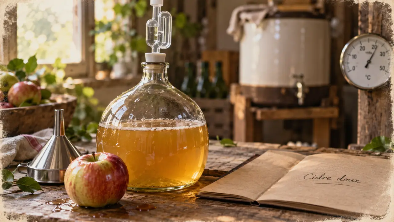 Cidre doux recette : tourie en verre avec barboteur et pommes