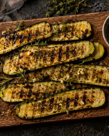 Courgette au barbecue : tranches grillées 5 mm, huile d’olive et herbes