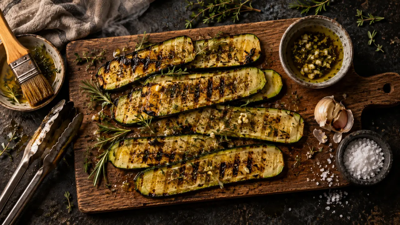 Courgette au barbecue : tranches grillées 5 mm, huile d’olive et herbes