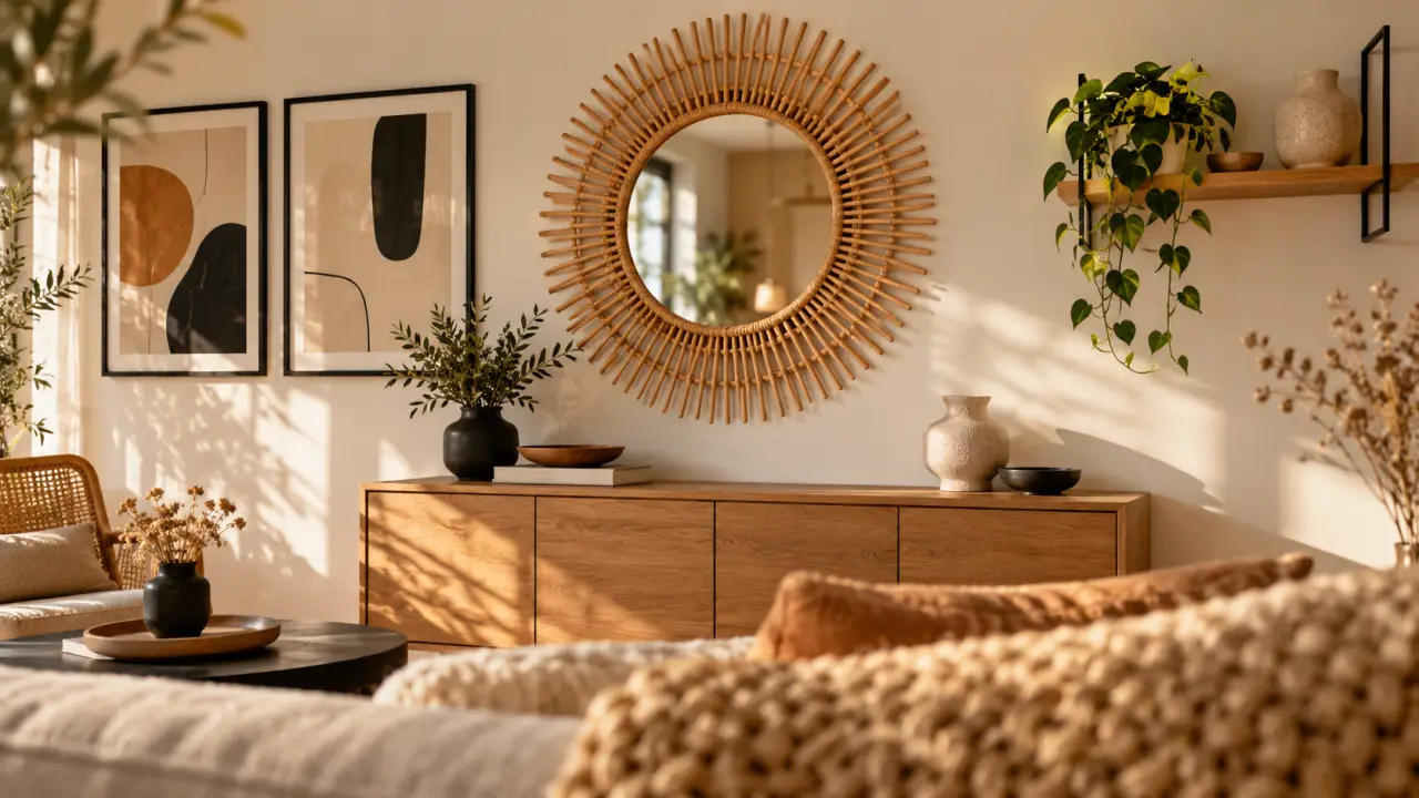 Décoration mural tendance : miroir soleil en rotin sur mur blanc