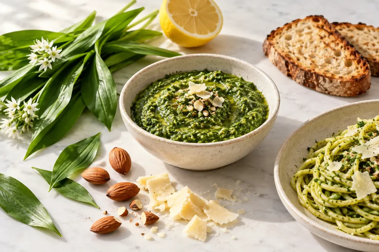 Ail des ours en cuisine : pesto maison aux amandes servi avec des tartines