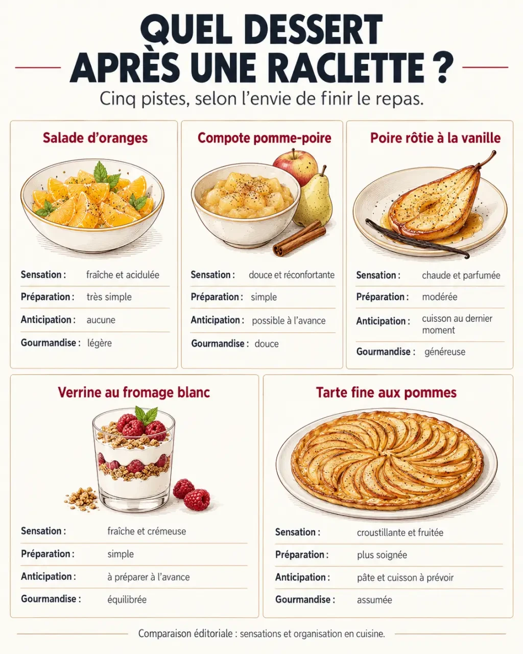 Infographie pour choisir quel dessert après une raclette selon la légèreté, la préparation et la gourmandise