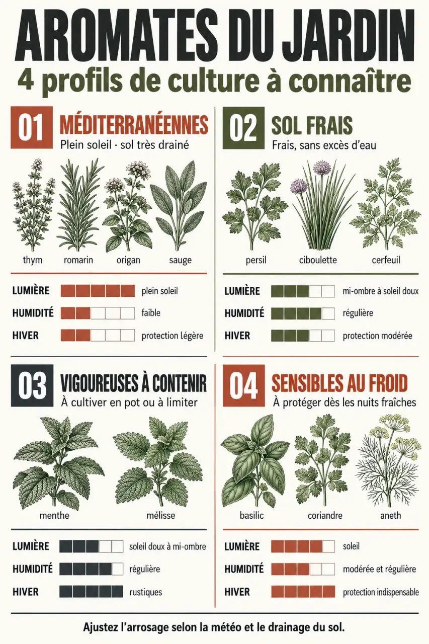 Infographie sur les aromates du jardin selon le soleil, le sol et les besoins en eau