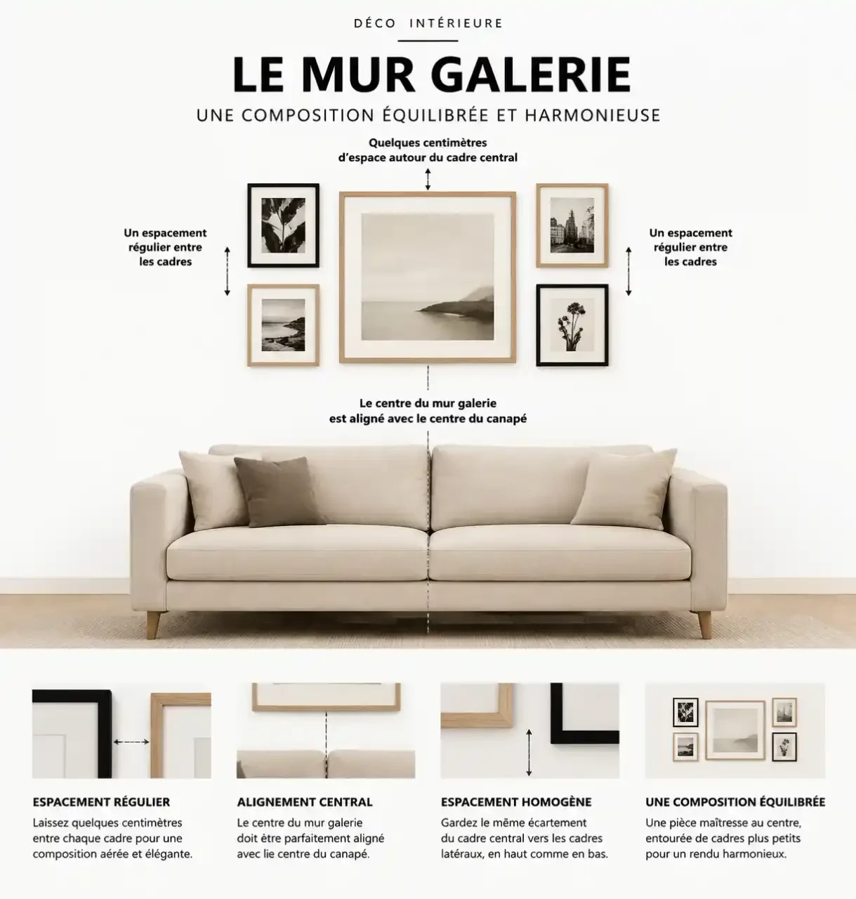 Schéma de composition d'un mur galerie pour une décoration murale tendance : pièce maîtresse et cadres espacés régulièrement au-dessus d'un canapé
