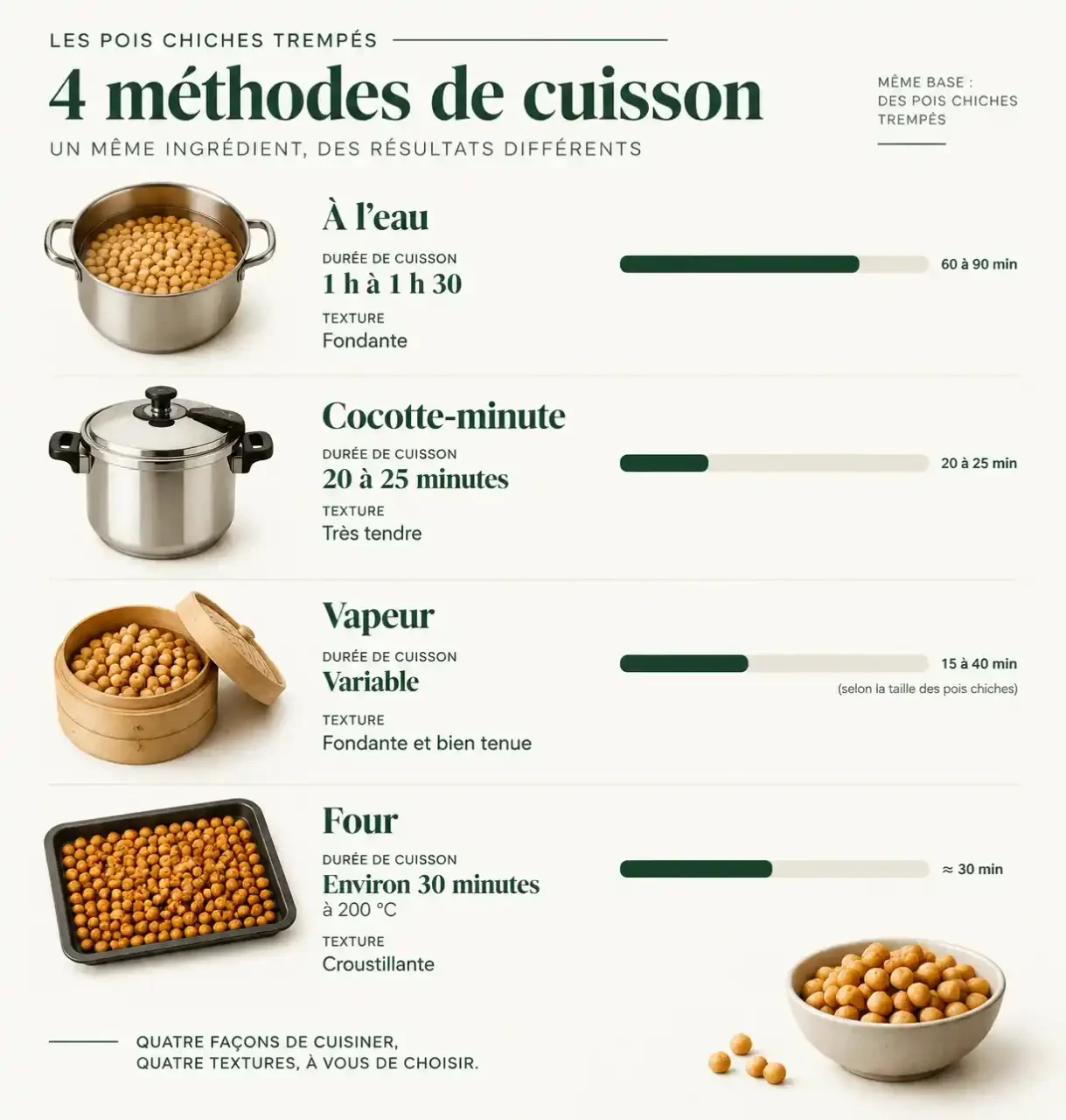 Préparation pois chiche : comparatif des durées de cuisson à l'eau, à la cocotte-minute, à la vapeur et au four