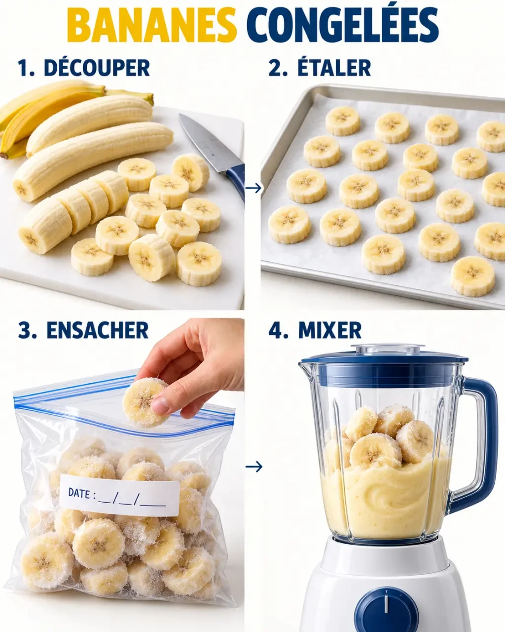 Étapes pour préparer des bananes congelées, de la découpe au sachet hermétique
