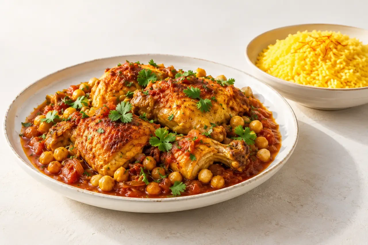Recette au poulet marocain avec sauce aux tomates, pois chiches et riz au safran