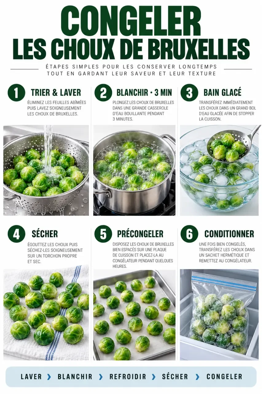 Étapes de la congélation des choux de Bruxelles, du blanchiment au conditionnement au congélateur