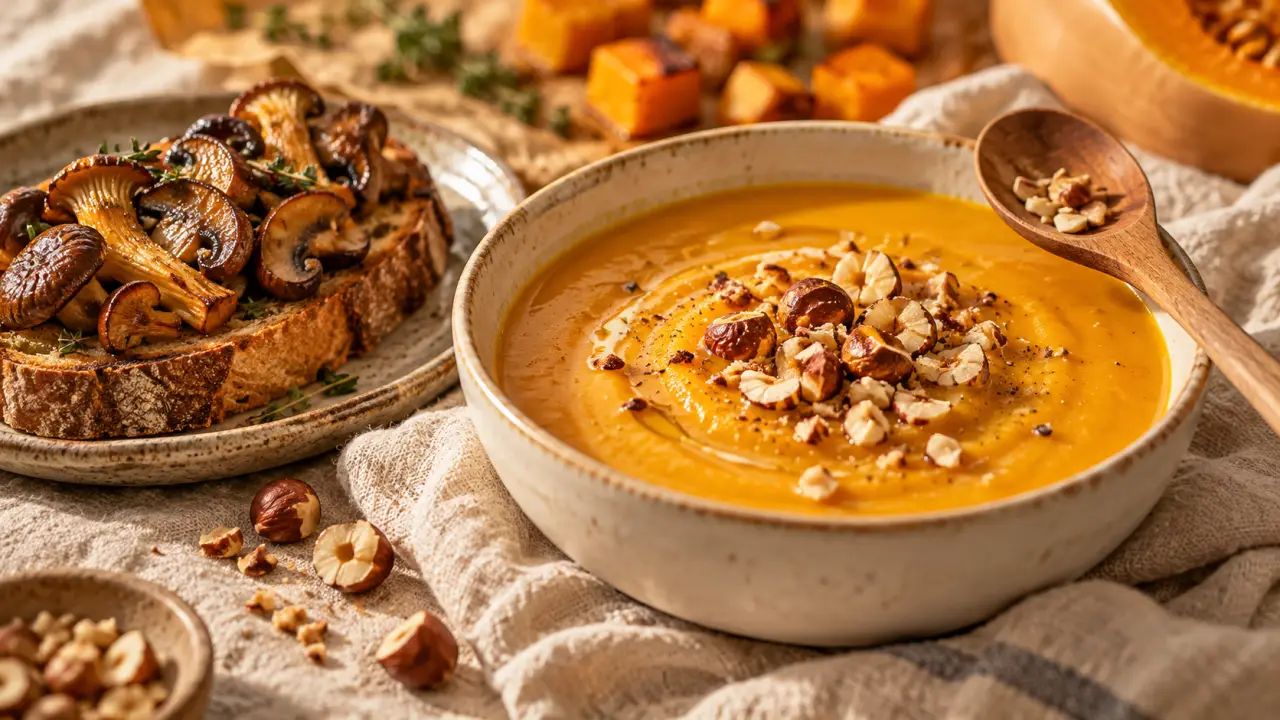 Entrée automne : velouté butternut aux noisettes, tartine aux champignons