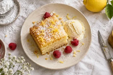 Gâteau léger pour accompagner glace au citron, part moelleuse avec glace vanille