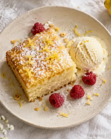 Gâteau léger pour accompagner glace au citron, part moelleuse avec glace vanille