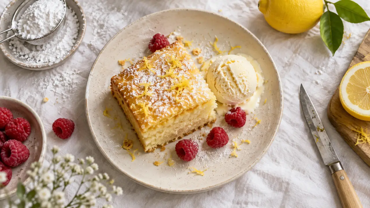 Gâteau léger pour accompagner glace au citron, part moelleuse avec glace vanille