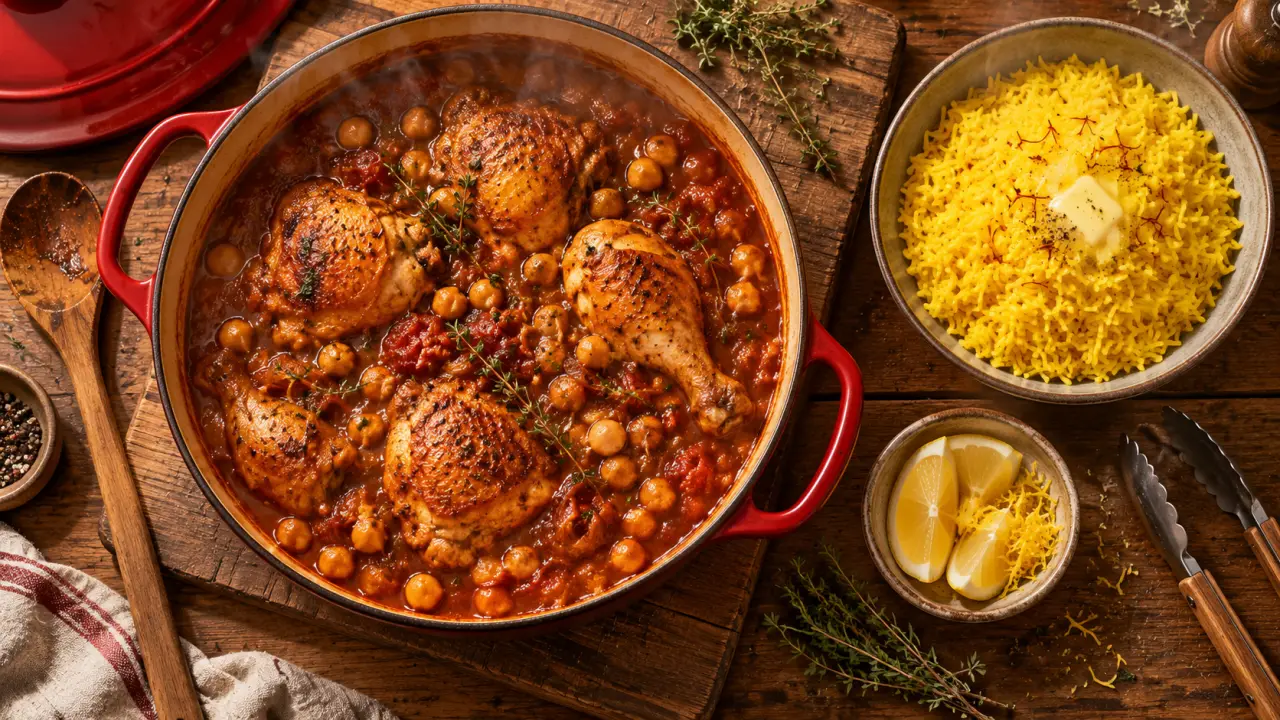 Recette au poulet marocain : poulet aux pois chiches et riz au safran fumant