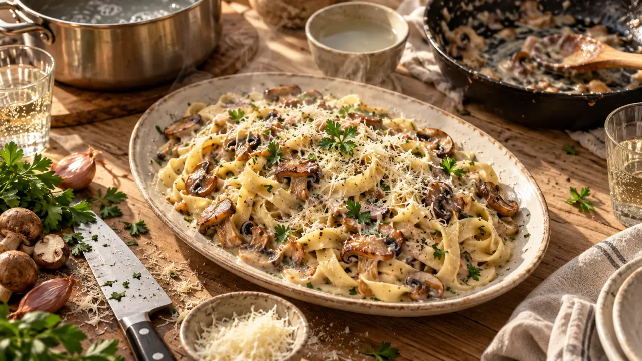 Recettes gourmandes et faciles : pâtes crémeuses aux champignons, parmesan et échalote